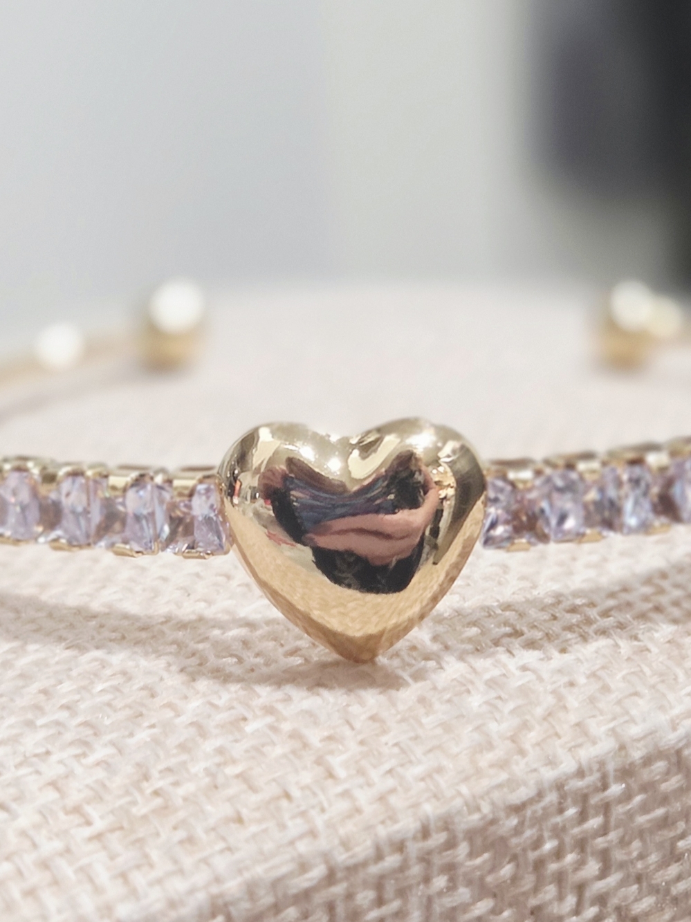 Gold Heart Tennis Bracelet Cuff Style with Clear Stones - Women Jewelry - Picture 3 of 5